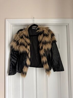 Black Vegan Leather Jacket with Tan & Black striped animal print Faux Fur Collar